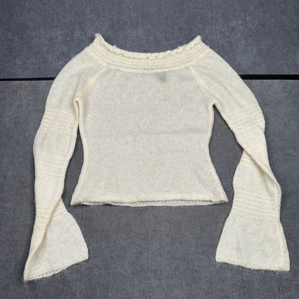Moda International Mohair Blend Off Shoulder Bell Sleeve Knit Sweater Cream Y2kM